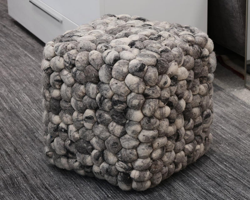 Chunky Wool Pouf Cube Ottoman in Grey & Natural