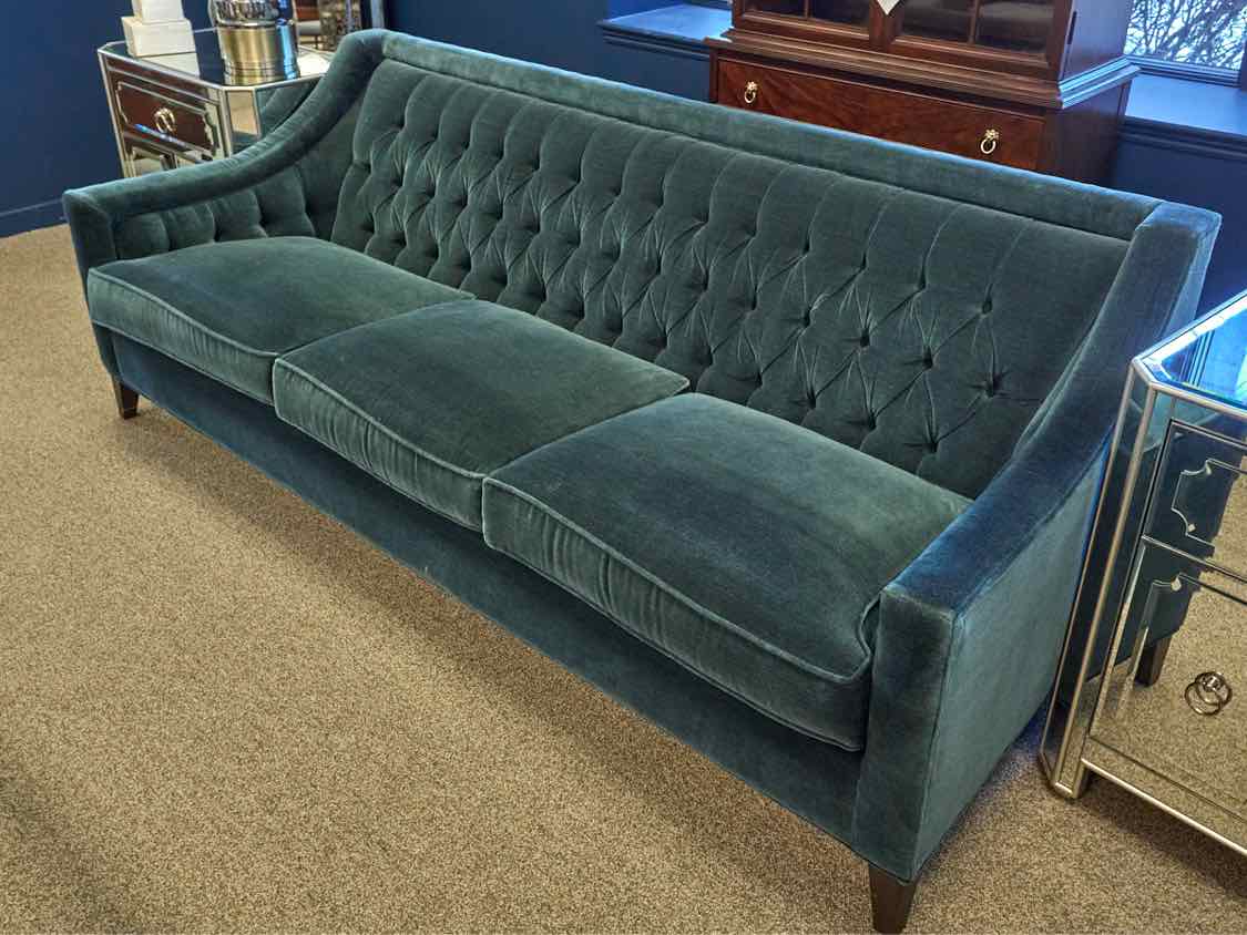 Arhaus Contemporary 3 Cushion Sofa in Vernan Cerulean Blue Performance Velvet