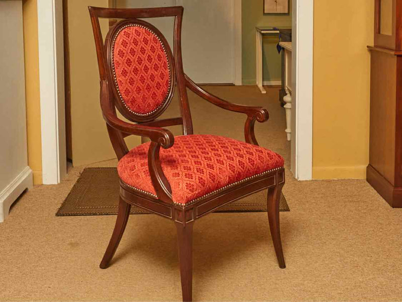 Set of 8 Antique Walnut Finish Dining Chairs with Red Upholstery