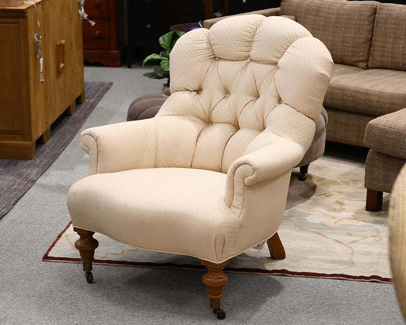 Ethan Allen Tufted Arm Chair in Beige Diamond Damask on Turned Legs