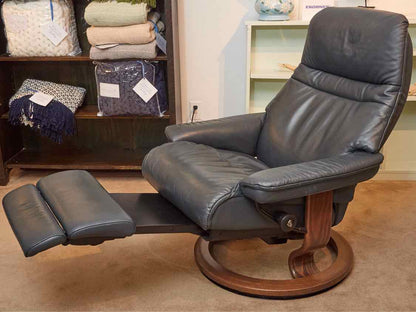 Ekornes Power Recliner in Blue Leather with Walnut Base