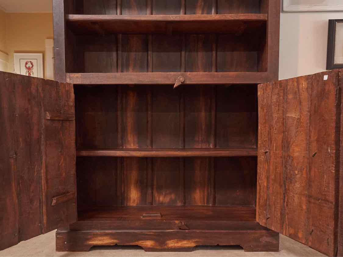 Solid Cypress Dark Stained 5 Shelf 2 Carved Door Bookcase