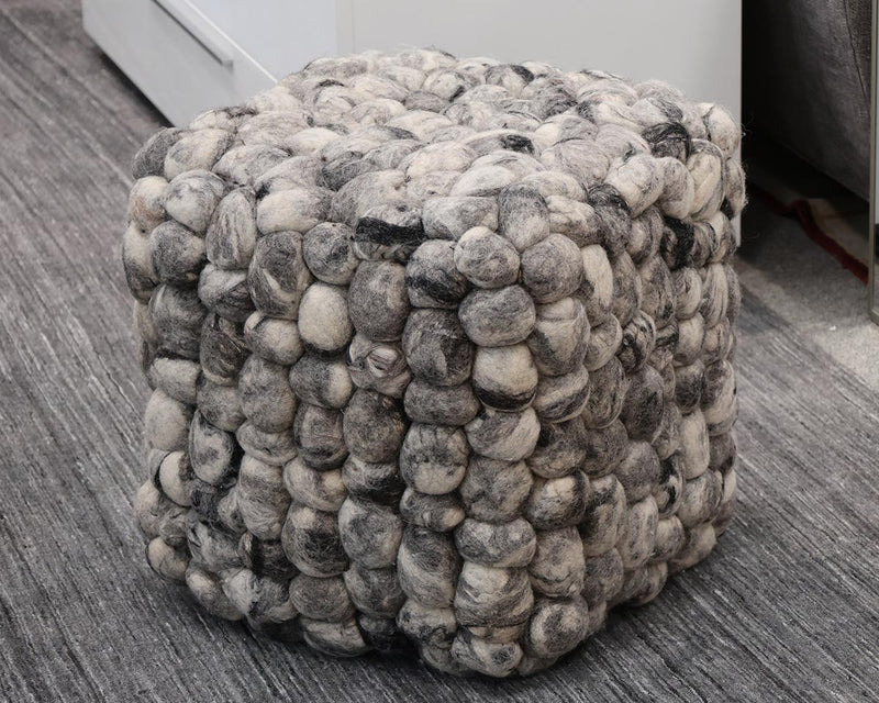 Chunky Wool Pouf Cube Ottoman in Grey & Natural