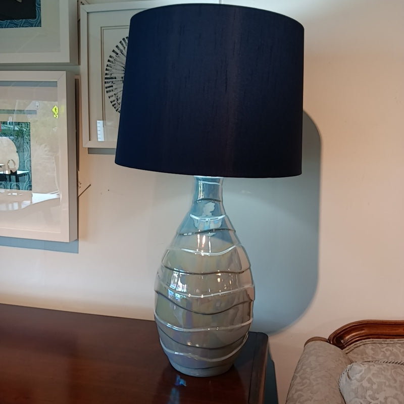 Norman Wyatt Home Crest Pearlescent Blue Ceramic Navy Drum Shade Table Lamp