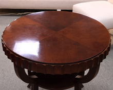 Brown Mahogany Pie Table. One Shelf. Fluted Edge on Top Tier