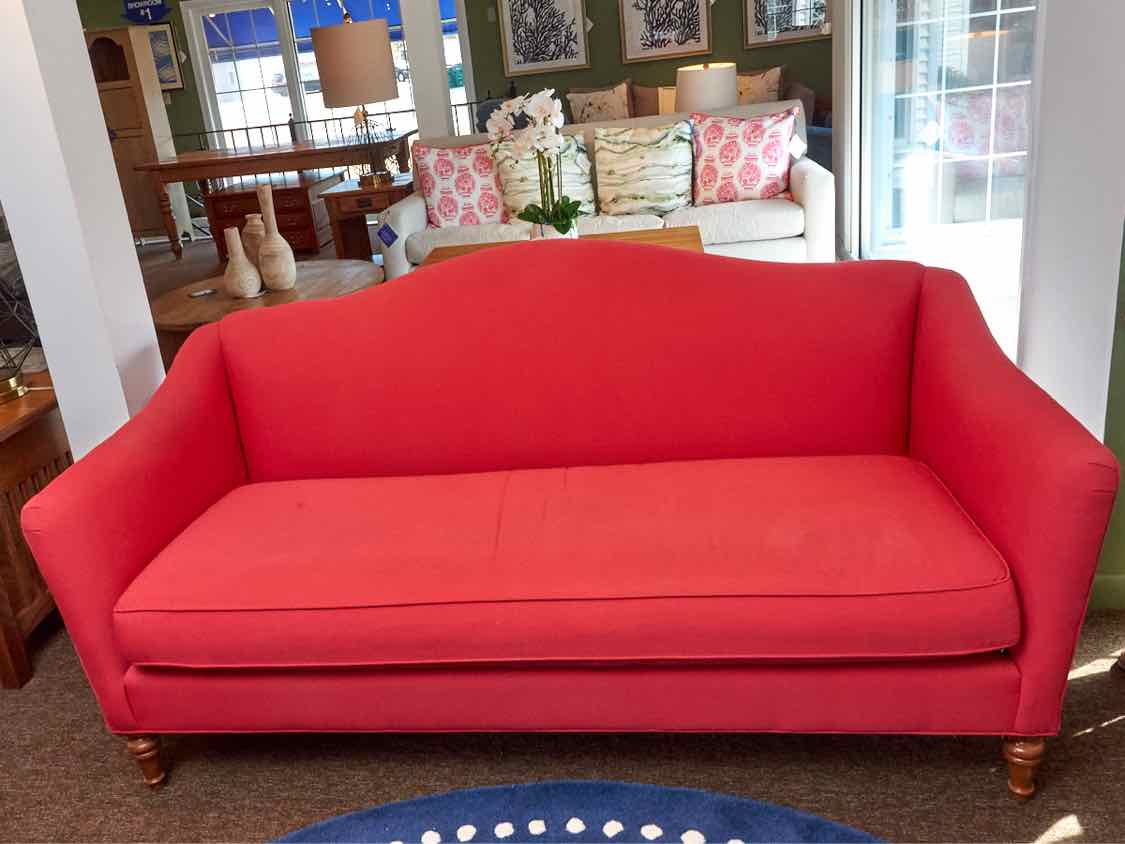 Calico Corner Camel  Back 'Nantucket Red 'Upholstered Bench Cushion Sofa