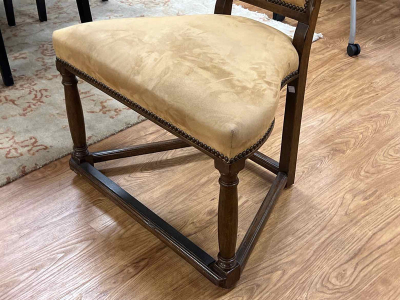 Woodframe Chair in Tan Microsuede with Brass Nailhead Trim