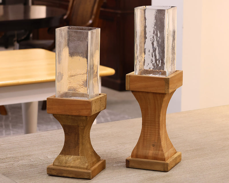 Set Of 2 Square Glass Hurricanes on Recycled Wood Bases