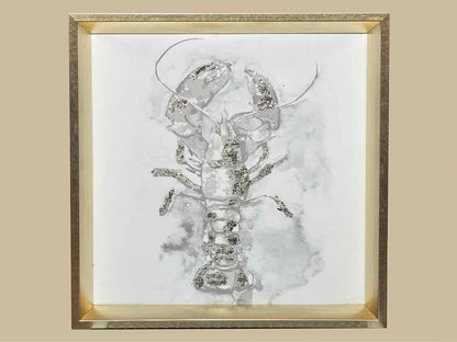 White Wash Lobster On Canvas Silver Foil Accents Gold Frame