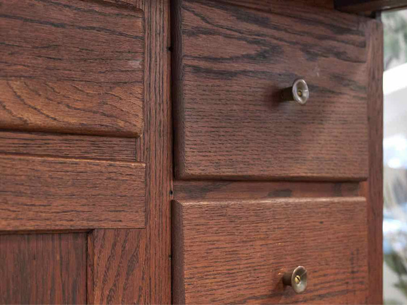 Antique Solid Oak Hoosier Baker Cabinet with Stainless Prep Surface