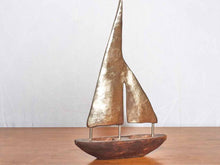 Stained Wooden Boat Sculpture With Pewter Sail