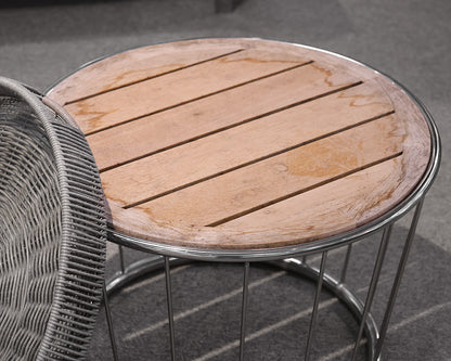 Outdoor Accent Table in Chrome & Teak with Wicker Tray Top