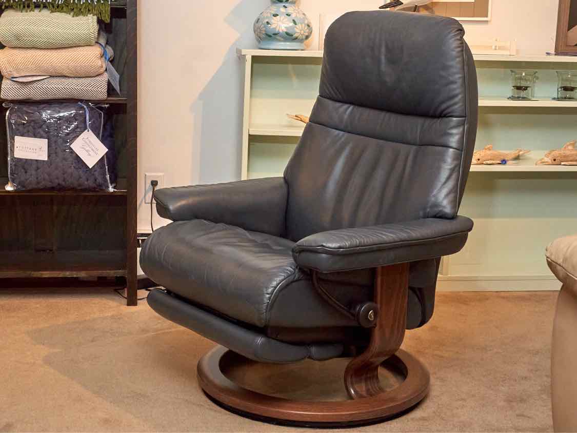 Ekornes Power Recliner in Blue Leather with Walnut Base