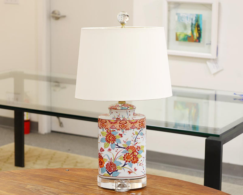 Oval Floral Table Lamp with Oval Off White Shade