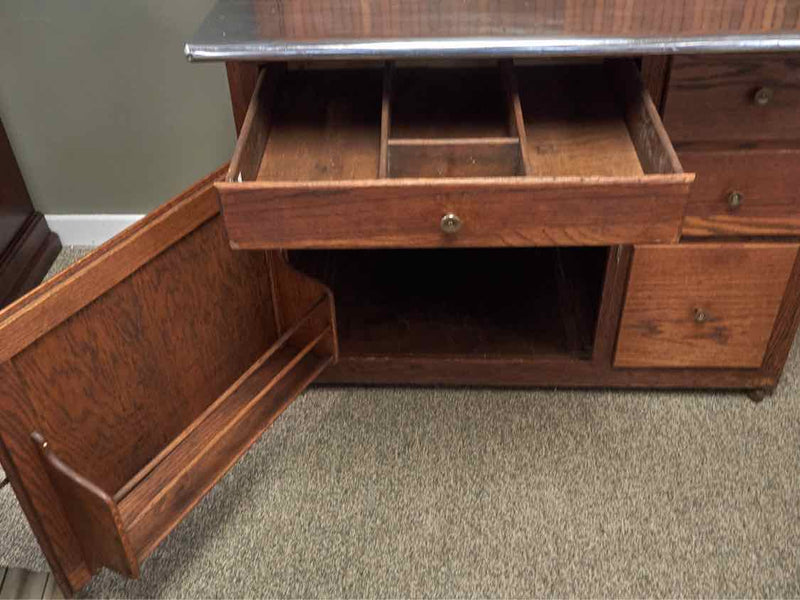 Antique Solid Oak Hoosier Baker Cabinet with Stainless Prep Surface