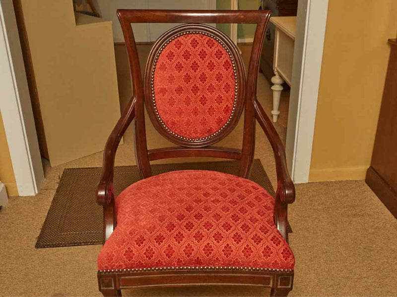 Set of 8 Antique Walnut Finish Dining Chairs with Red Upholstery