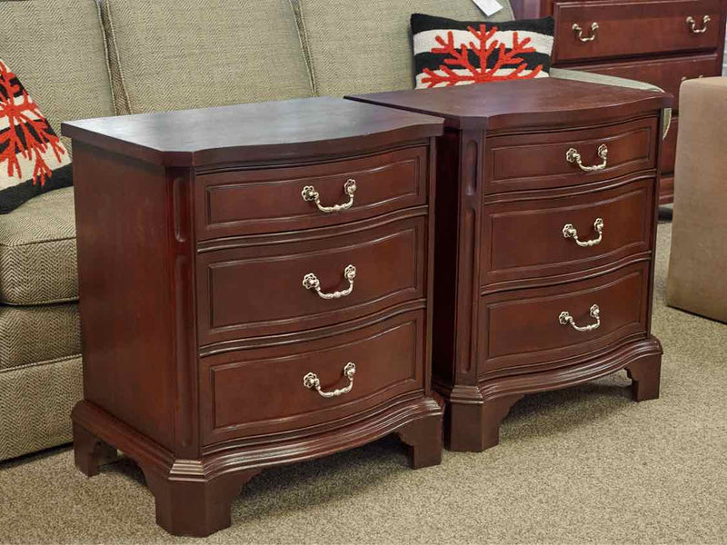 Pair of Mahogany Serpentine 3 Drawer Nightstands with Ornate Handles