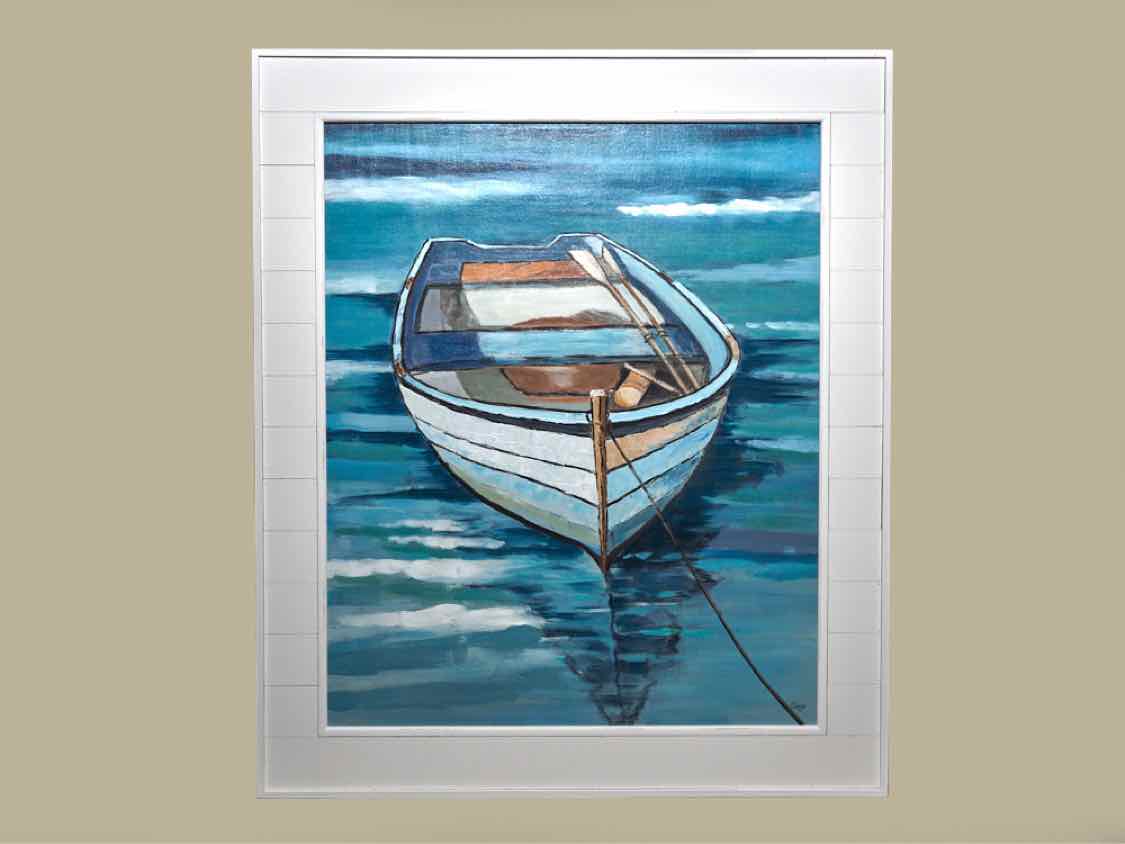 'Coastal Jon Boat ' Texture Print On Canvas White Shiplap Frame