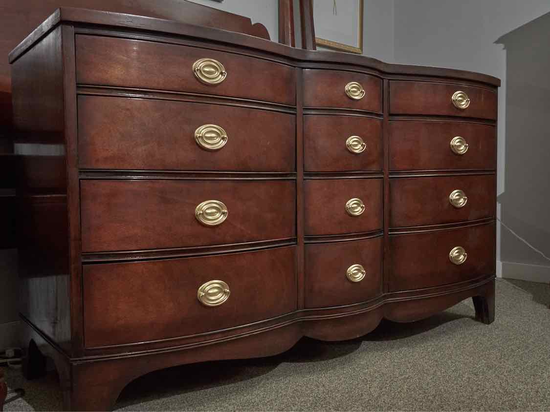 Mahogany Serpentine 12 Drawer Dresser with Hepplewhite Brass Handles