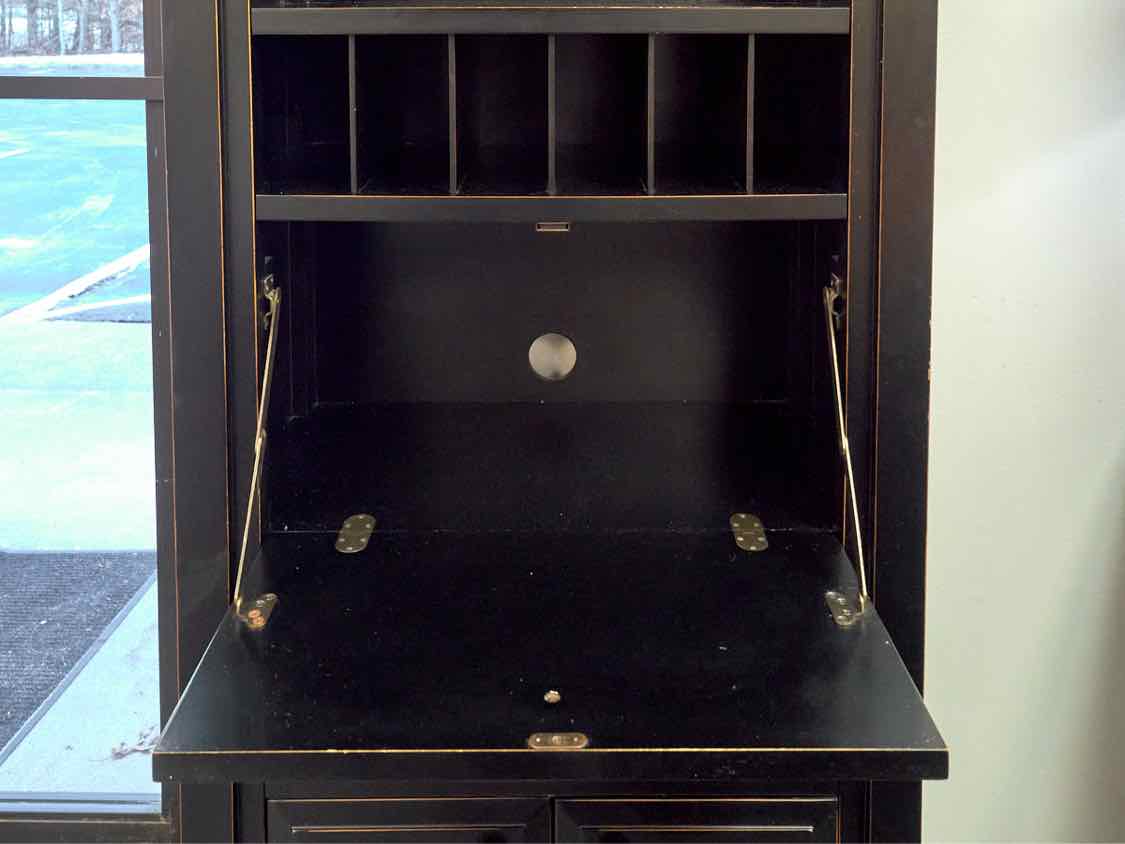 Crate & Barrel Black Distressed Bookcase with Drop Down Desk