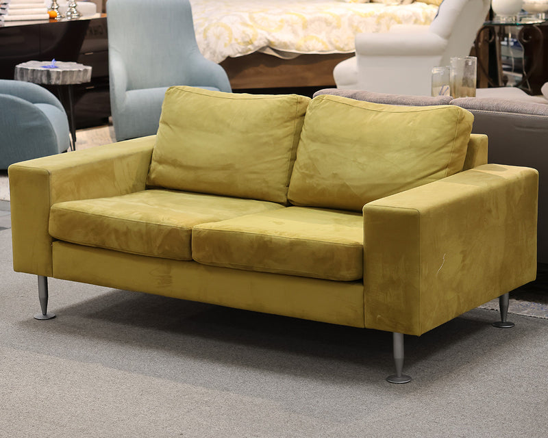 Bo Concept Loveseat in Chartreuse Microsuede on Brushed Stainless Legs