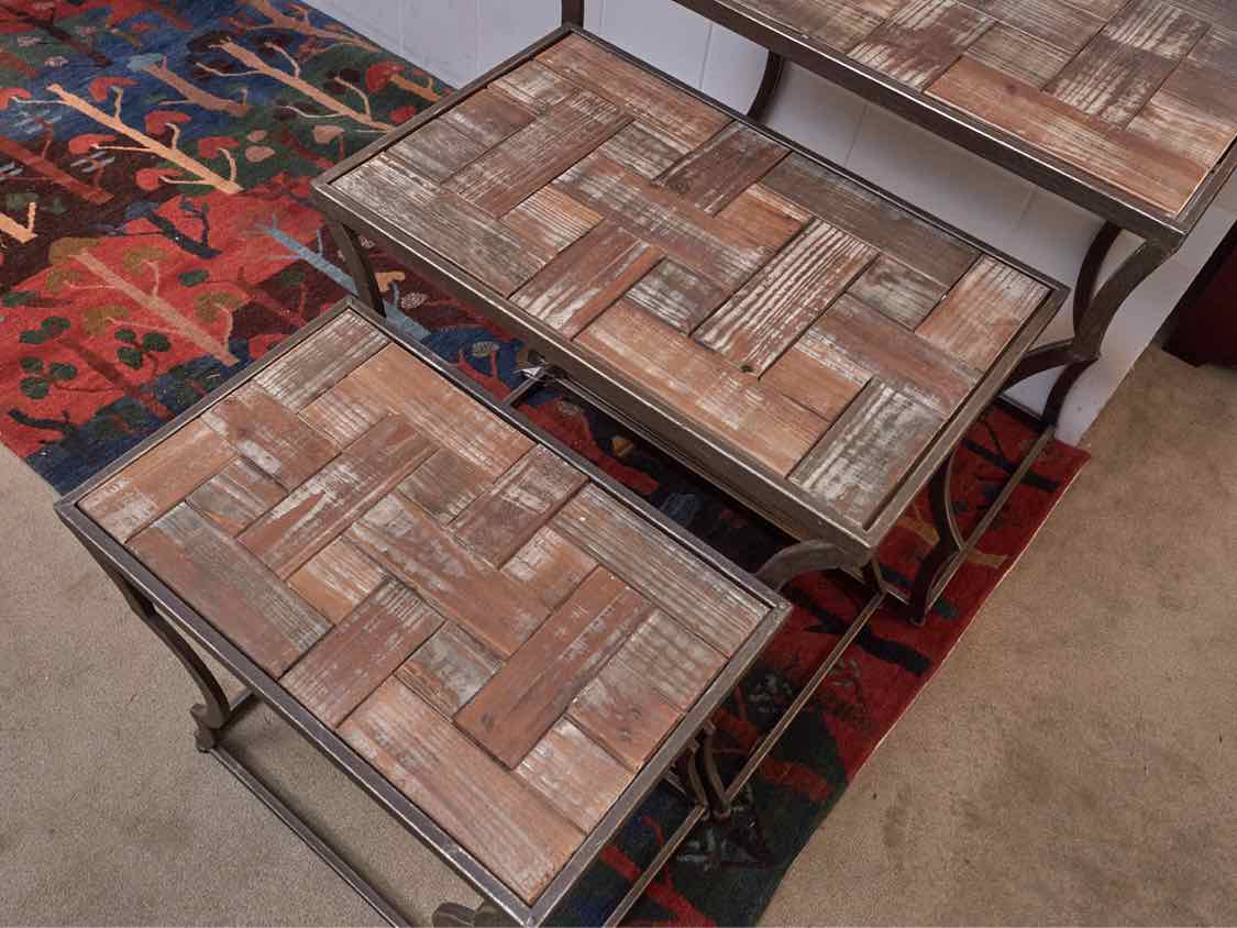 Set of Nesting tables with Reclaimed Pattern Wood Top Side Tables