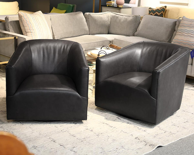 Pair of Arhaus Ellison Swivel Chairs in Dark Chocolate Leather