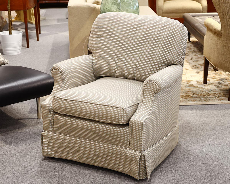 Skirted Looseback Roll Arm Chair in Taupe & Grey Geometric Fabric