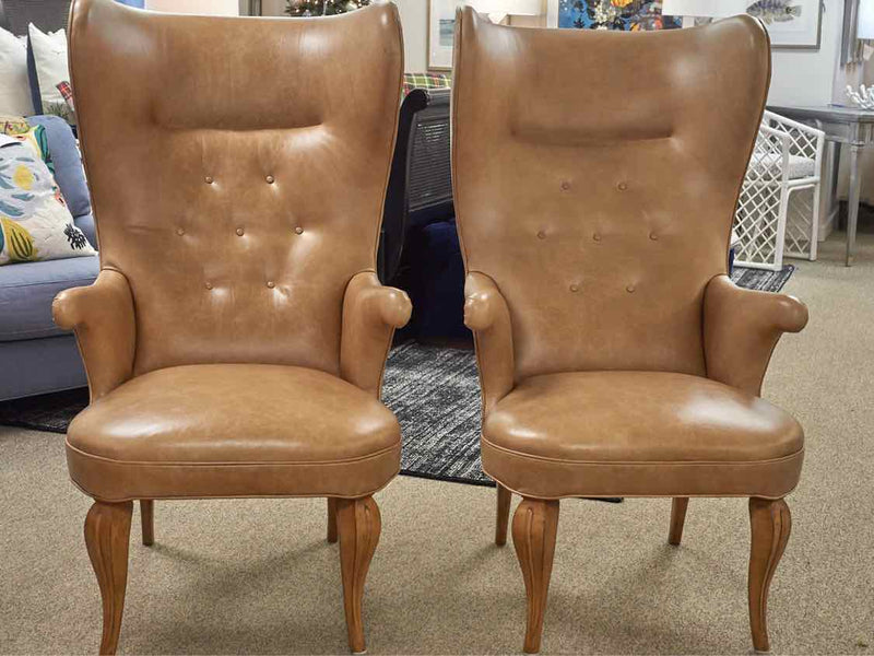 Lynne Scalo Custom Pair of Contemporary Wing Chairs in Camel Leather