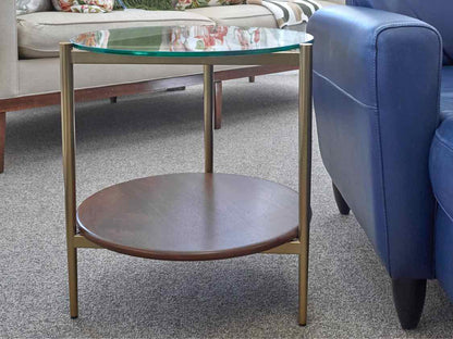 Glass Top Side Table with Gold Metal Legs with Walnut Shelf