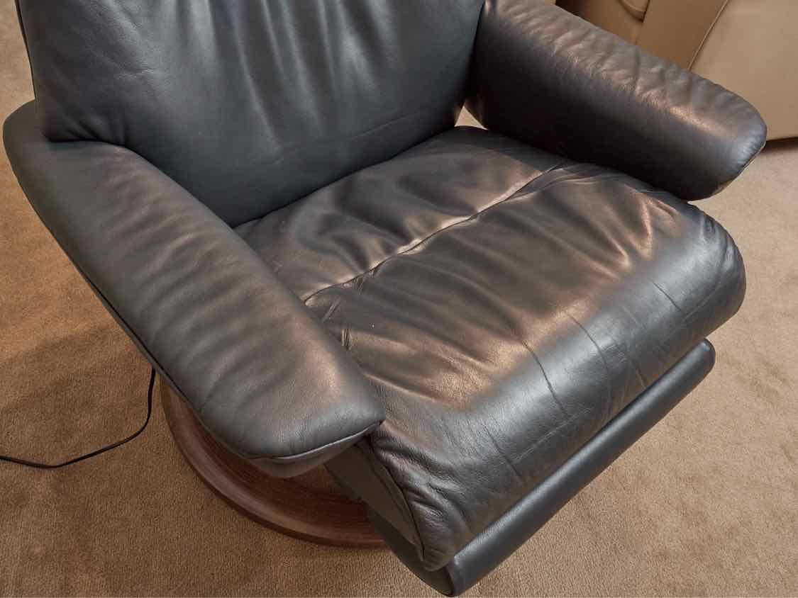 Ekornes Power Recliner in Blue Leather with Walnut Base