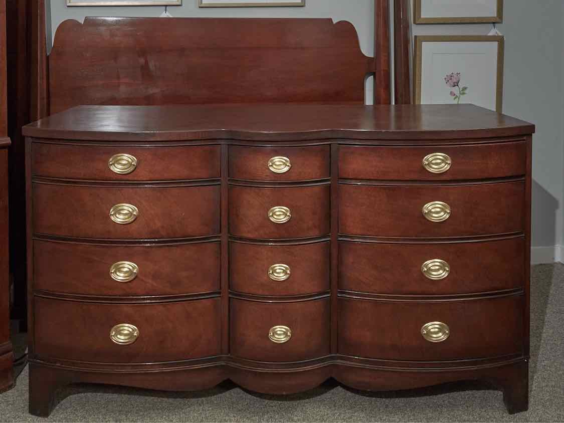 Mahogany Serpentine 12 Drawer Dresser with Hepplewhite Brass Handles