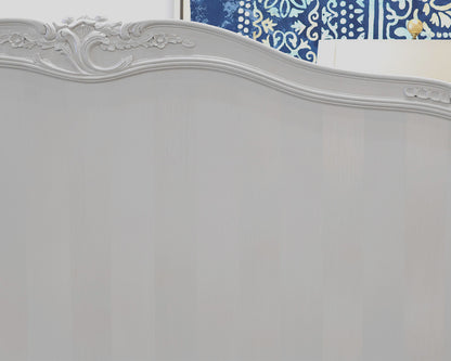 Carved French King Headboard in Grey with Tone-on-Tone Striped Panel