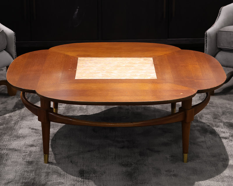 Mid-Century Modern Clover Cocktail Table with Mother of Pearl Inlaid Center