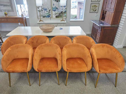 Set of Eight Tangerine Orange Barrel Dining Chairs in Performance Velvet