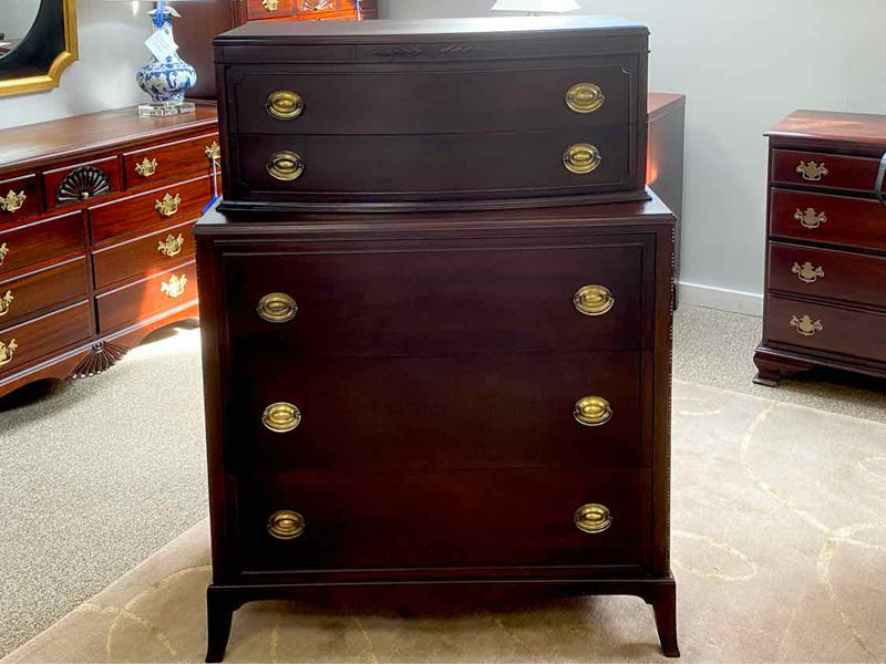 Mahogany Chest on Chest 5 Drawer Dresser with Brass Hepplewhite Handles