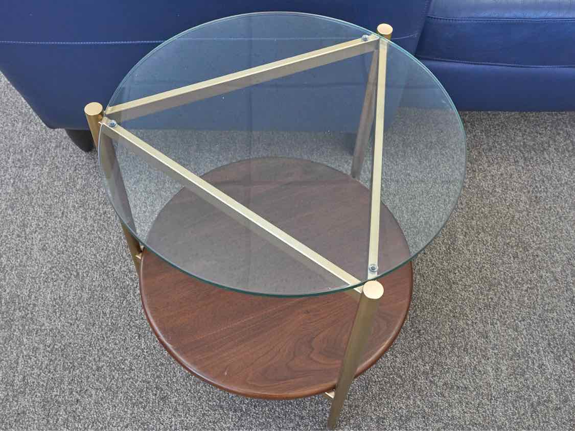 Glass Top Side Table with Gold Metal Legs with Walnut Shelf