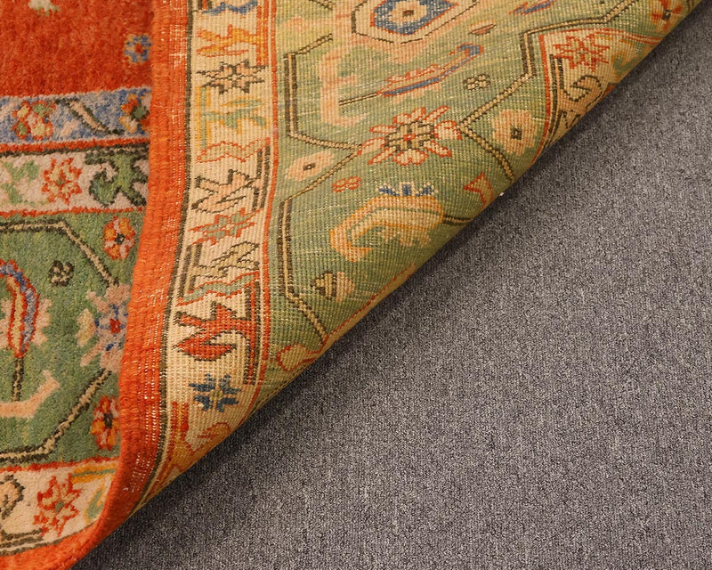 Turkish 9 x 10 Area Rug in Pale Green, Coral and Blue