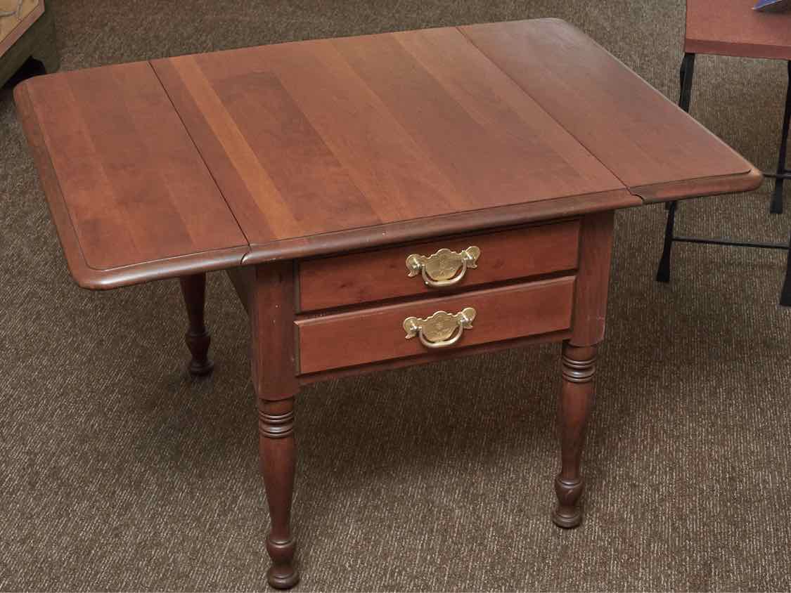 Pennsylvania House Solid Cherry 2 Drawer Turned Legs Drop Leaf  Side Table