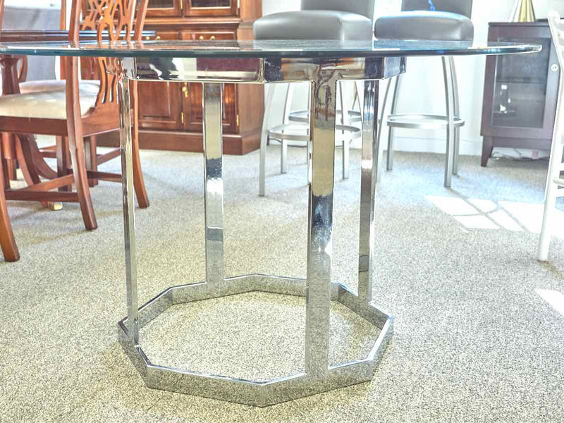 Round Glass Dining Table with Sliver Metal Octagon Base