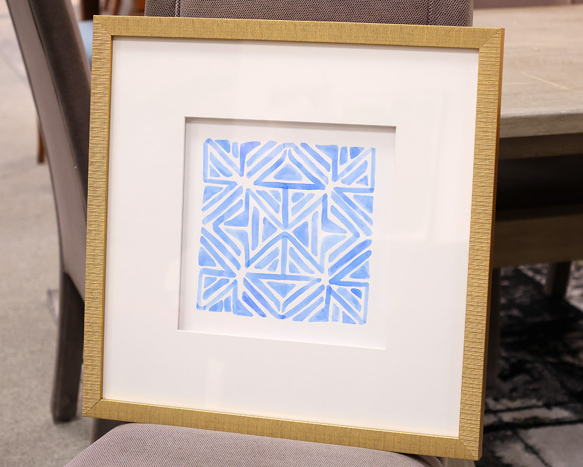 "Indigo Geo III" Matted Print in Distressed Gold Frame