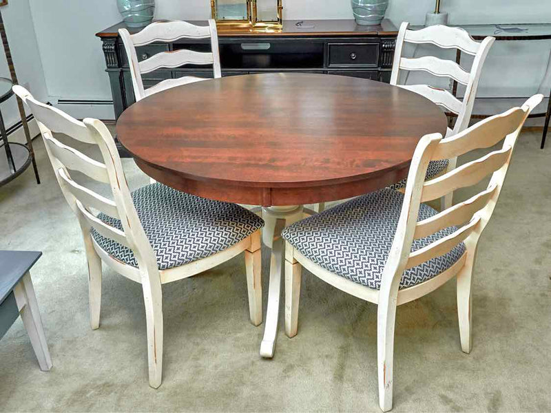 Bermex Dark Stainted Top Round Ivory Finish Pedestal  Table & 4 Chair Set