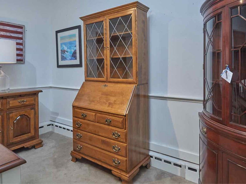 Maple 5 Drawer 2 Glass Door Secretary Desk With Cabinet