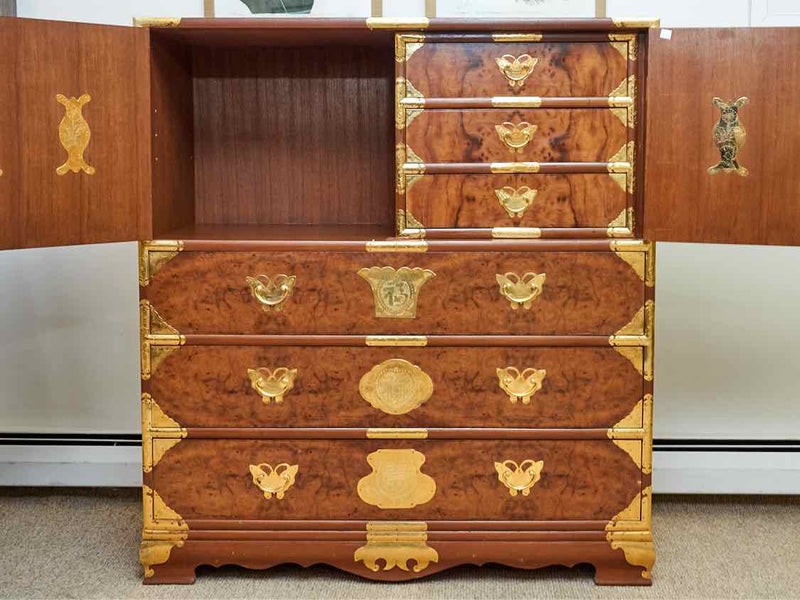 Burlwood Asian "Wedding Chest' 2 Doors 6 Drawer With  Brass Accents Chests