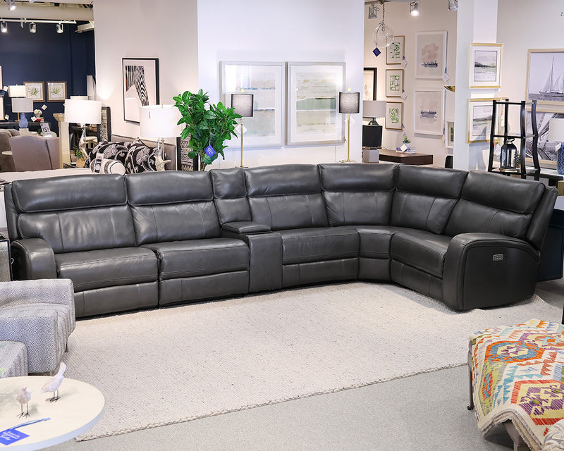 6-Piece Grey Leather Sectional with 4 Power Reclining Seats