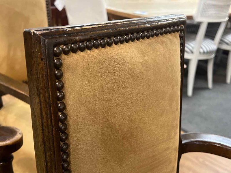 Set of 3 Woodframe Counter Stools in Tan Microsuede with Brass Nailhead Trim