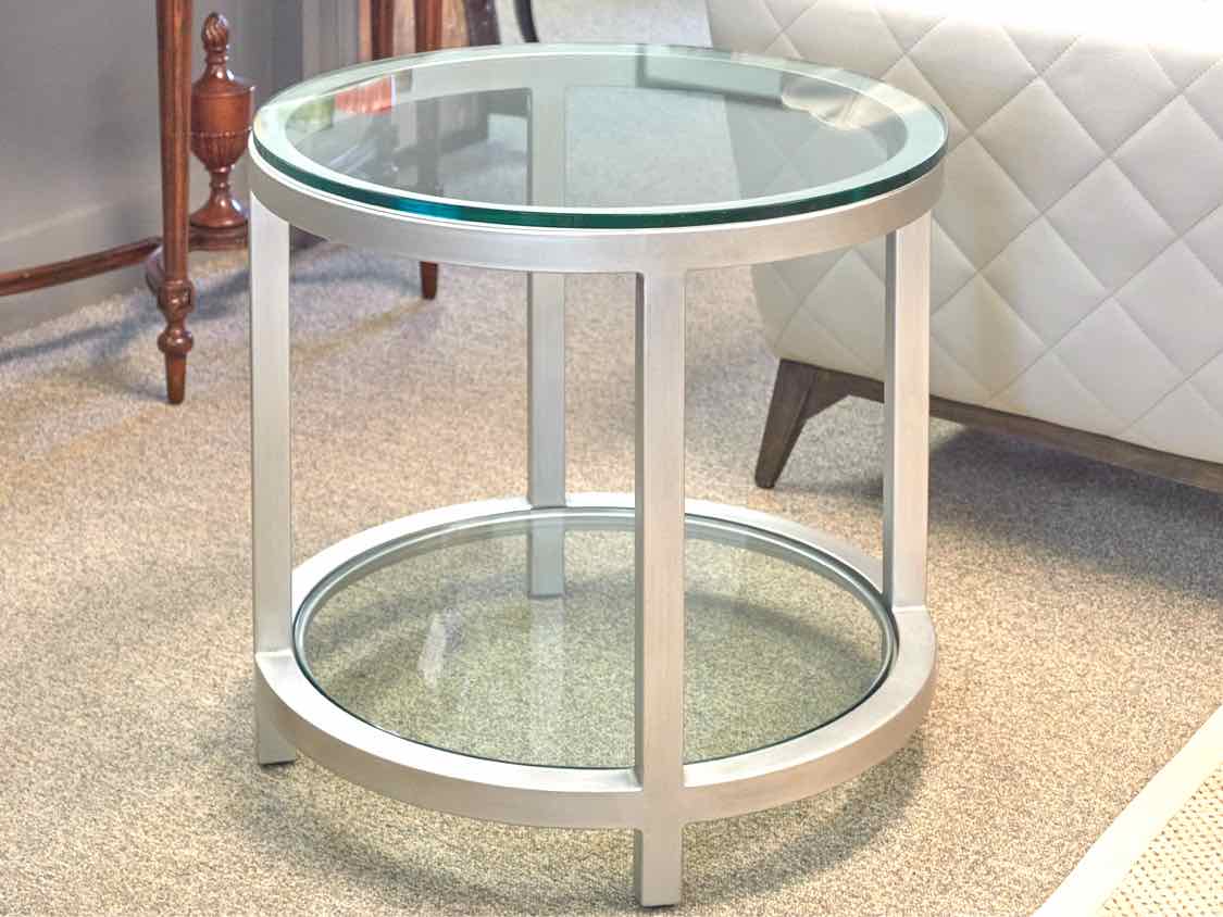 Round Glass Top Side Table with Brushed Silver Finish with Bottom Shelf