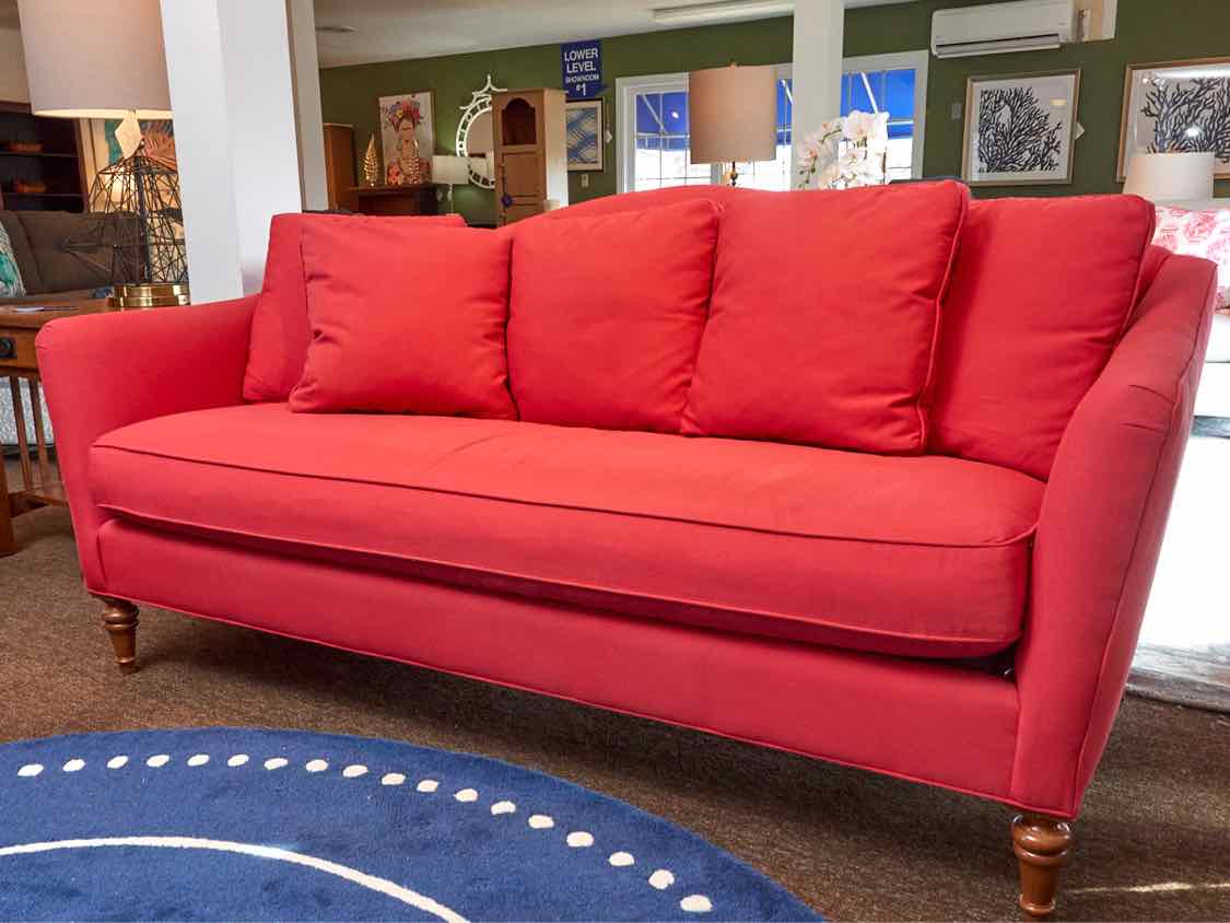 Calico Corner Camel  Back 'Nantucket Red 'Upholstered Bench Cushion Sofa