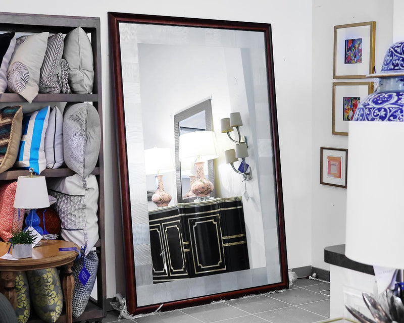 Large Floor Mirror with Mahogany Finish Frame & Etched Border