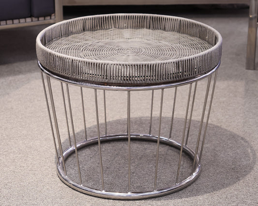 Outdoor Accent Table in Chrome & Teak with Wicker Tray Top